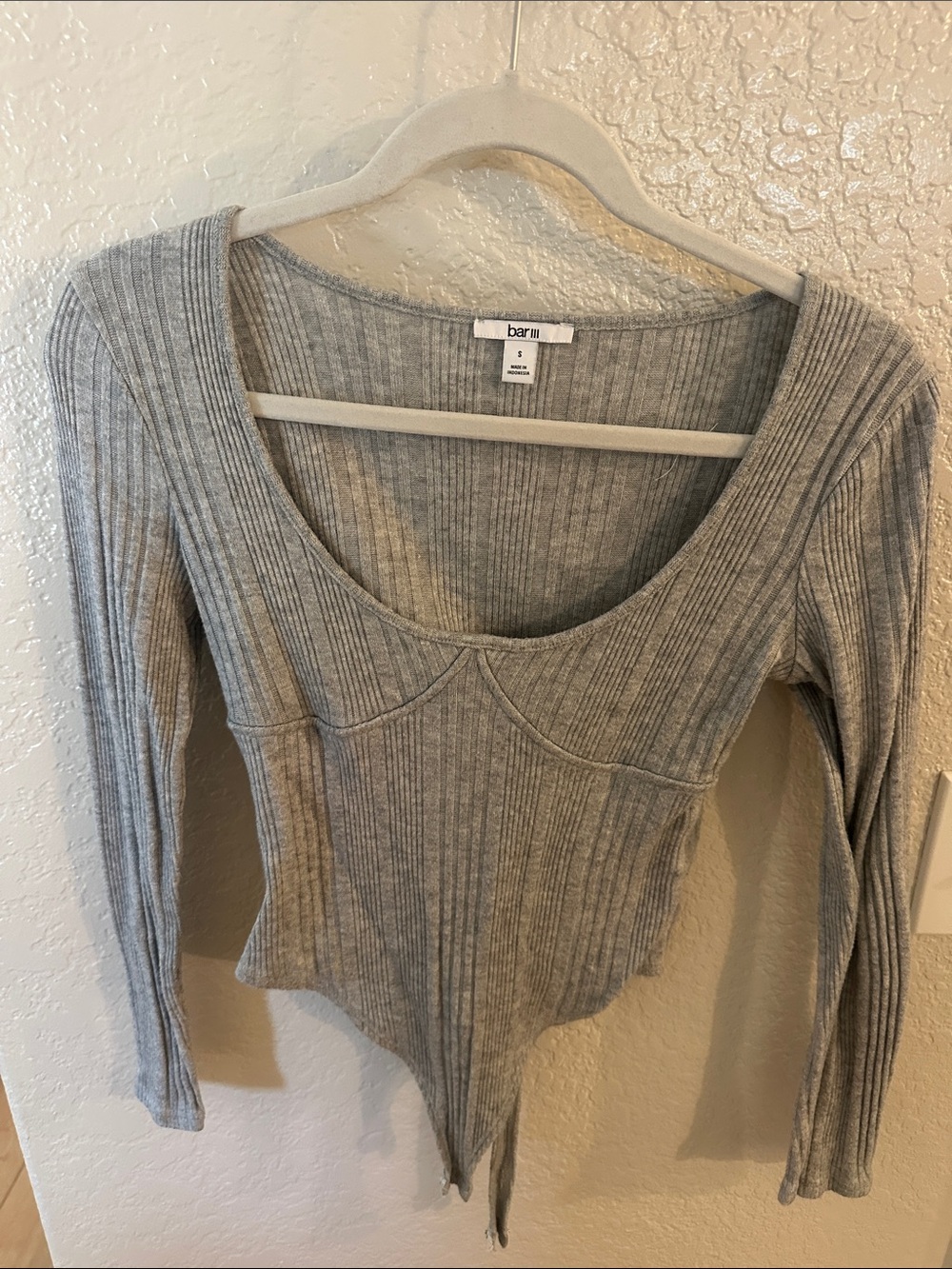 Bar III Ribbed Scoop-Neck Long-Sleeve Bodysuit in Light Gray